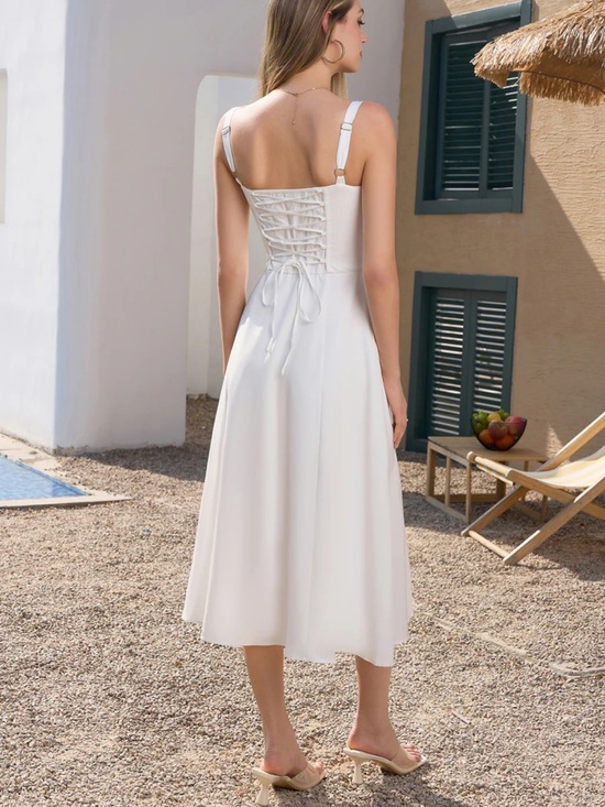 Cream Corset Midi Dress Basque Waist Coastal Cowgirl Milkmaid Cottage - Picture 8 of 8